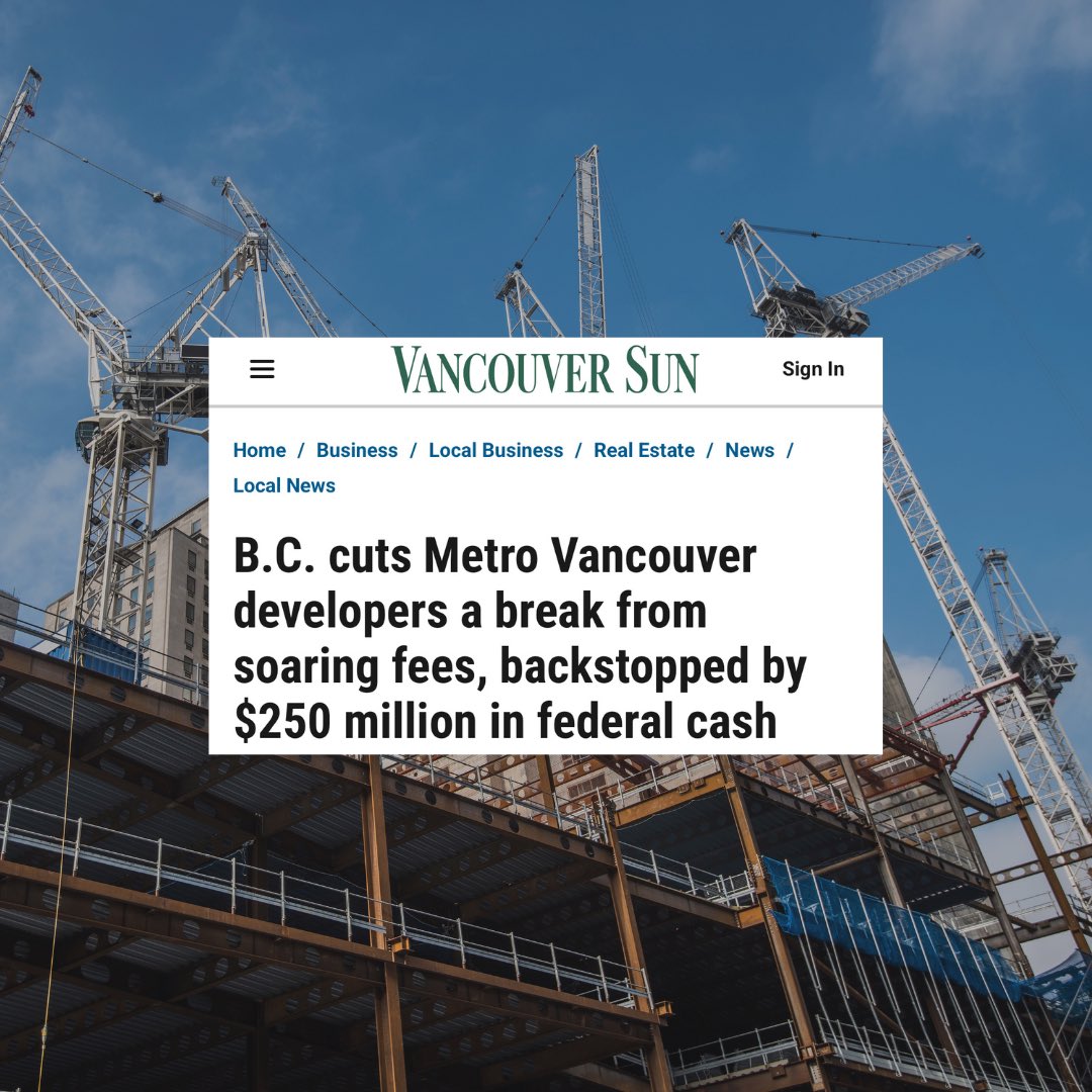 Building Developers in Vancouver are getting a break from this year’s increased charges by city, because of a $250 million grant from fed gvt. 

Promise made, Promise kept.

#cuttinghighcostofbuilding
