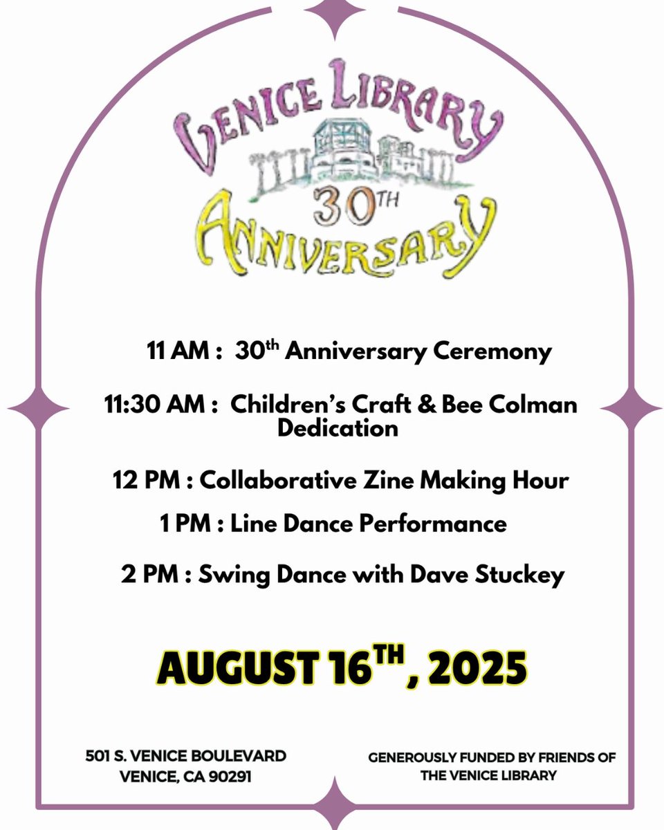 TheDoors's tweet image. The Doors have been named among the 30 most influential Venetians of the past three decades by the Venice Branch Library, in honor of its 30th anniversary.
A celebration will be held on August 16th at 11 AM PST, featuring the unveiling of a commemorative poster designed by noted…
