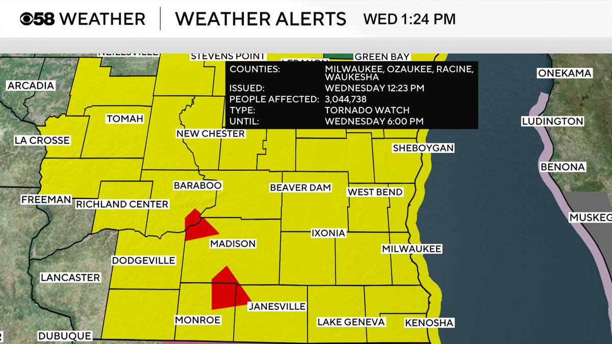 Tornado Watch issued for our area until 6pm, along with several active Tornado Warnings in progress. Have a plan for getting to your safe spots this afternoon. Peak time for Waukesha to Milwaukee area still 5pm on.
