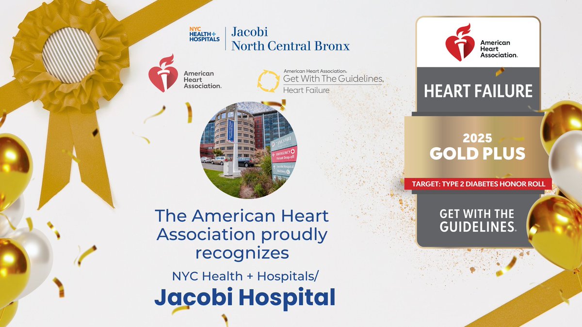 JacobiHosp's tweet image. 🏅 We’re proud to share that @NYCHealthSystem/Jacobi has been recognized by the @American_Heart for excellence in cardiovascular care!
💛 Gold Plus for Heart Failure
🥈 Silver for Coronary Artery Disease
#HeartHealth #AHA #JacobiProud #BronxStrong #CardiacCare