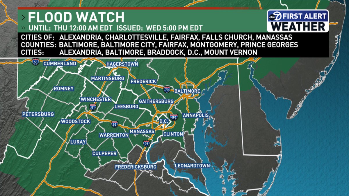 jordanevanswx's tweet image. Another flood watch will go into effect Wednesday evening in the DMV. The chance for heavy rainfall to cause localized flash flooding increases after 5 p.m. Avoid flooded roads. @7NewsDC