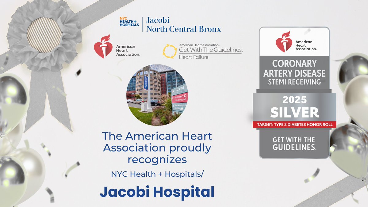 JacobiHosp's tweet image. 🏅 We’re proud to share that @NYCHealthSystem/Jacobi has been recognized by the @American_Heart for excellence in cardiovascular care!
💛 Gold Plus for Heart Failure
🥈 Silver for Coronary Artery Disease
#HeartHealth #AHA #JacobiProud #BronxStrong #CardiacCare