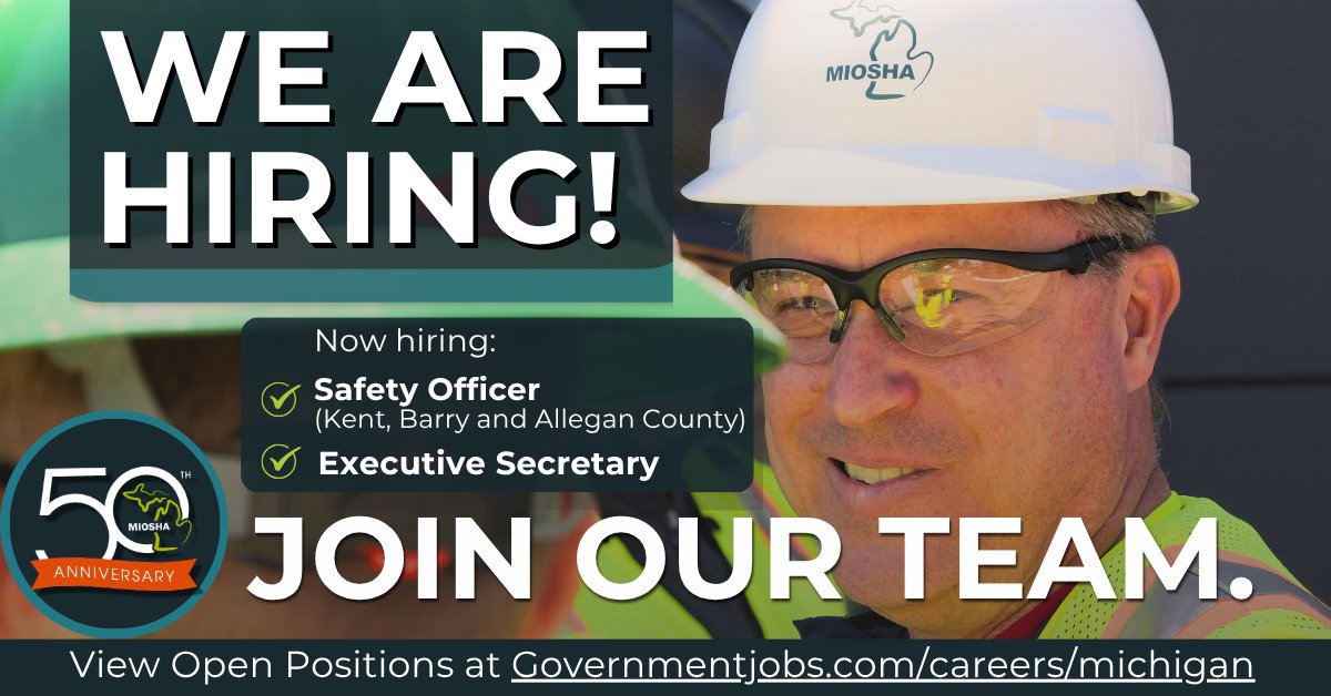 🚨 <a href="/MI_OSHA/">MIOSHA</a> is hiring! Help protect the safety and health of Michigan workers.

✅ Safety Officer – Kent, Barry &amp; Allegan Co.
Apply by July 30 👉 bit.ly/40W12SQ

✅ Executive Secretary – Lansing
Apply by July 21 👉 bit.ly/4lZujUZ

#MIOSHA #MIGovJobs #NowHiring