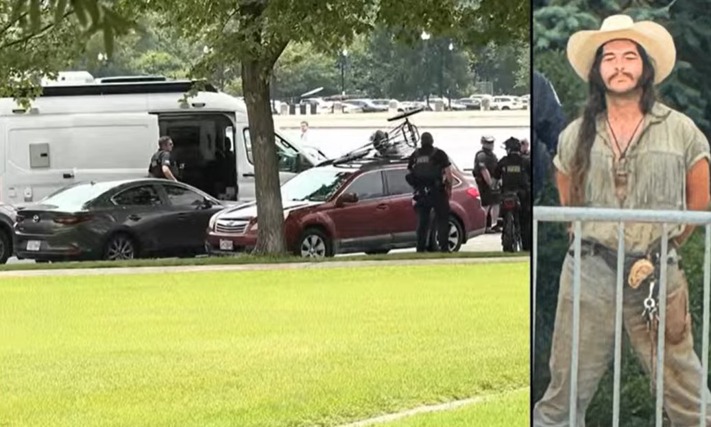 THE_XRAYPODCAST's tweet image. A man has been arrested at the U.S. Capitol after he reportedly told authorities he had a bow and arrow and guns in his car.
Pictures of the man show him in handcuffs, a green shirt with matching pants and a cowboy hat on.
'This morning, USCP officers saw an unusual vehicle on…