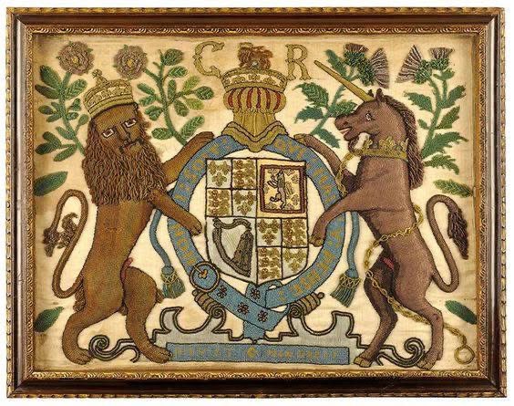 This rendition of King Charles II's coat of arms is made entirely out of minuscule glass beads. The initials "CR" and the coat of arms itself tell us this object was made during his reign, sometime between 1660 and 1685. The lion and unicorn's manes are made of layers of thread