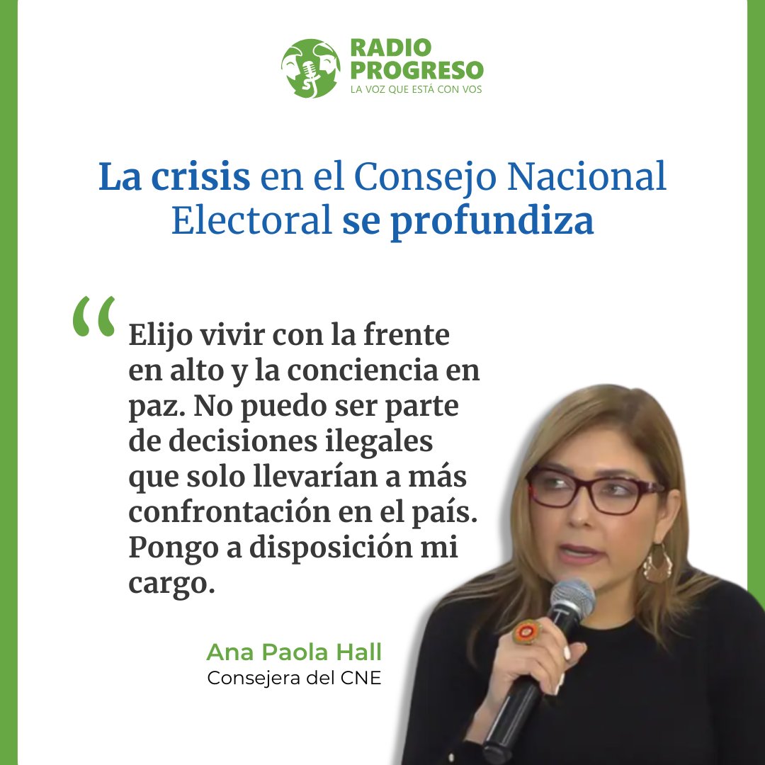 #ÚltimoMinuto 📷 Ana Paola Hall, consejera del CNE, pone a disposición su cargo.
¡La crisis en el Consejo Nacional Electoral se profundiza!
📷Sigue el desarrollo de esta noticia a través de: RadioProgresoHN y sus redes sociales 👉x.com/APHall_CNE/sta…