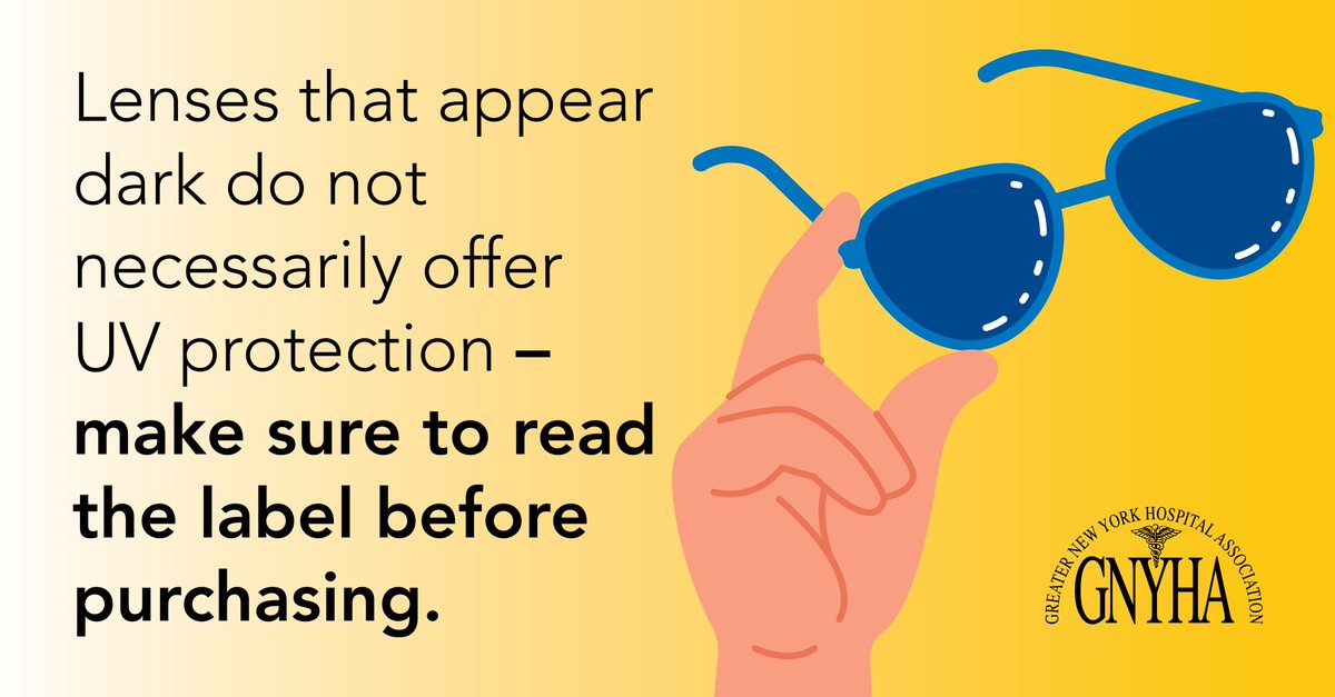 GNYHA's tweet image. Sunglasses are an important part of your sun-protective wardrobe. When buying sunglasses, always look for lenses that offer UV protection. #UVAwarenessMonth