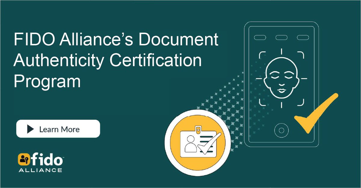 FIDOAlliance's tweet image. 🚀 Ensure the highest standards in document verification with FIDO’s 🎯 Document Authenticity Certification Program.

Discover how DocAuth certification can increase market share for FIDO-certified providers: fidoalliance.org/certification/…