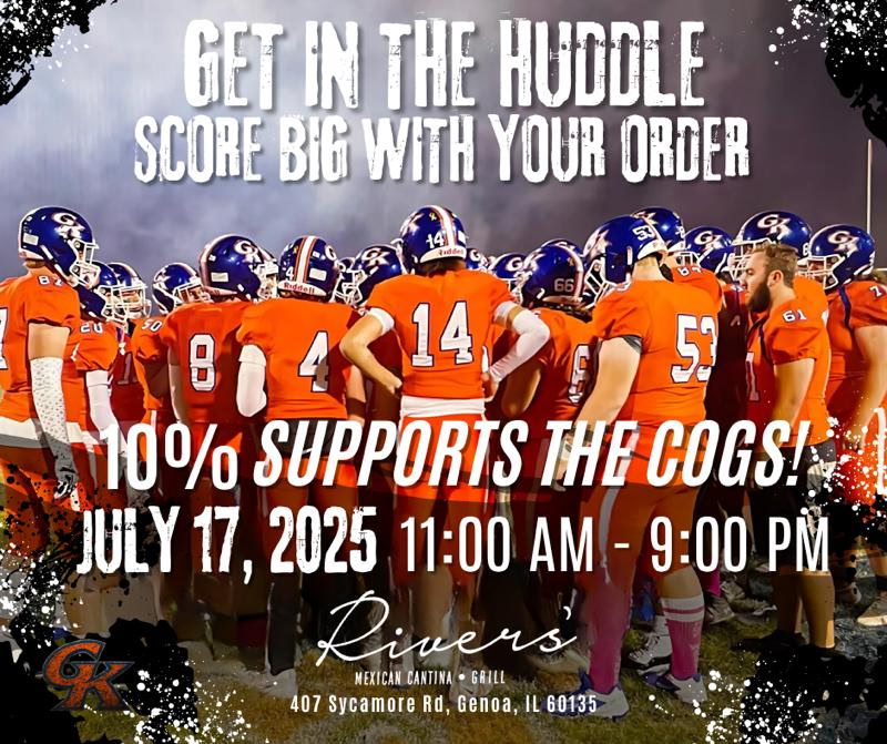 If you don't have dinner plans yet for Thursday night, come on out to Rivers Mexican Cantina in Genoa as 10% of all proceeds will go towards the GK Football program!
#gkcogs #BuildTheBrand