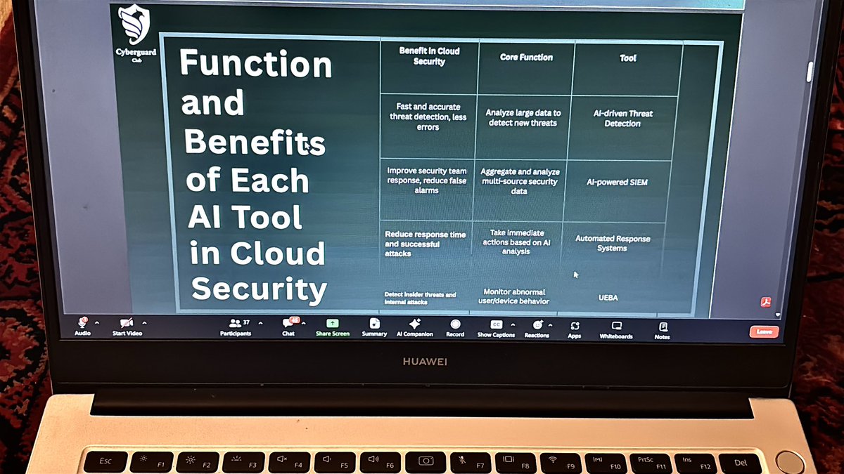 Day 4🛡️
مع #Cloud_CyberGuard ☁️🔐

اليوم كان ممتع جدًا، سلطنا فيه الضوء على استخدامات الذكاء الاصطناعي في الحماية السحابية، ولا تخافون ماراح ياخذ وظايفنا 🫣

تدربنا عمليًا على TryHackMe، تمنّينا لو فيه يوم خامس بس للأسف وصلنا للنهاية 🙏🏼
أربع أيام خفيفة على القلب، ثقيلة بالمعلومات
