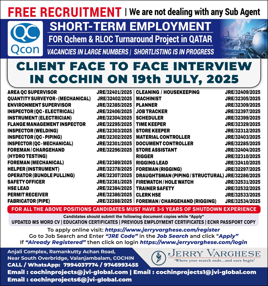 Shutdown Job Opportunities for Qatar | Read the ad to know more about the vacancies and the qualifications / Exp. reqd. | Enter ‘JRE Code’ in the Quick Search Box and Apply | Do select “Internet/Online”, Source="twitter" | All the Best.