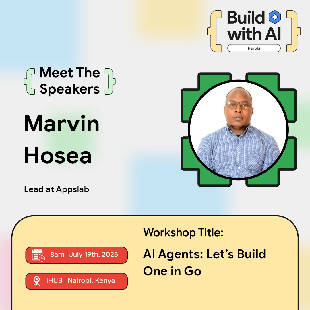 GDG Nairobi #DevFestNairobi #DevFest2024 (@gdg_nairobi) on Twitter photo Excitement is building for AI Agents! <a href="/marvin_hosea/">Marvin Collins Hosea</a>, a Lead at Appslab, will guide attendees through building an AI Agent in Go this Saturday at Build with AI Nairobi. Get ready for a hands-on experience!👩🏽💻👨🏽💻#BuildWithAI #GoogleIO #GDGNairobi Excitement is building for AI Agents! <a href="/marvin_hosea/">Marvin Collins Hosea</a>, a Lead at Appslab, will guide attendees through building an AI Agent in Go this Saturday at Build with AI Nairobi. Get ready for a hands-on experience!👩🏽💻👨🏽💻#BuildWithAI #GoogleIO #GDGNairobi