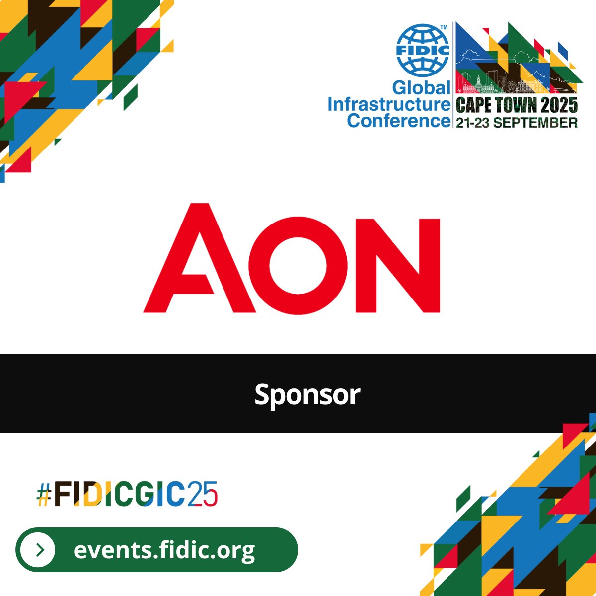 FIDIC's tweet image. 🌍 We're proud to welcome @Aon_plc as a sponsor of #FIDICGIC25 in Cape Town, 21–23 Sept!
Aon brings global expertise in infrastructure risk & insurance, supporting resilient, future-ready projects worldwide.
👉 events.fidic.org/gic25/7727784
#RiskManagement #Construction #Engineering
