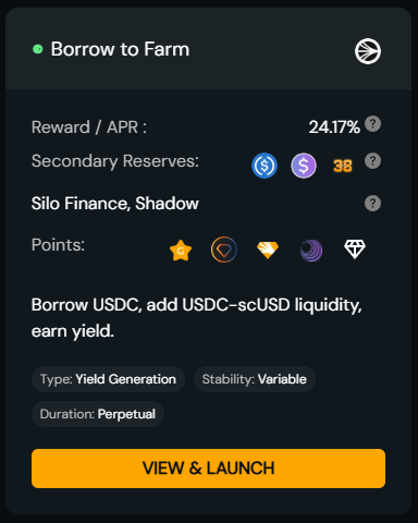 This strategy is not on the live site yet as we're doing some internal testing and monitoring at the moment.

This Strategy uses <a href="/SiloFinance/">Silo Labs</a> to take a collateralised loan against wS deposit, and then adds the borrowed USDC to <a href="/ShadowOnSonic/">Shadow Exchange x(3,3) 💥</a> to yield farm in the USDC/scUSD LP
