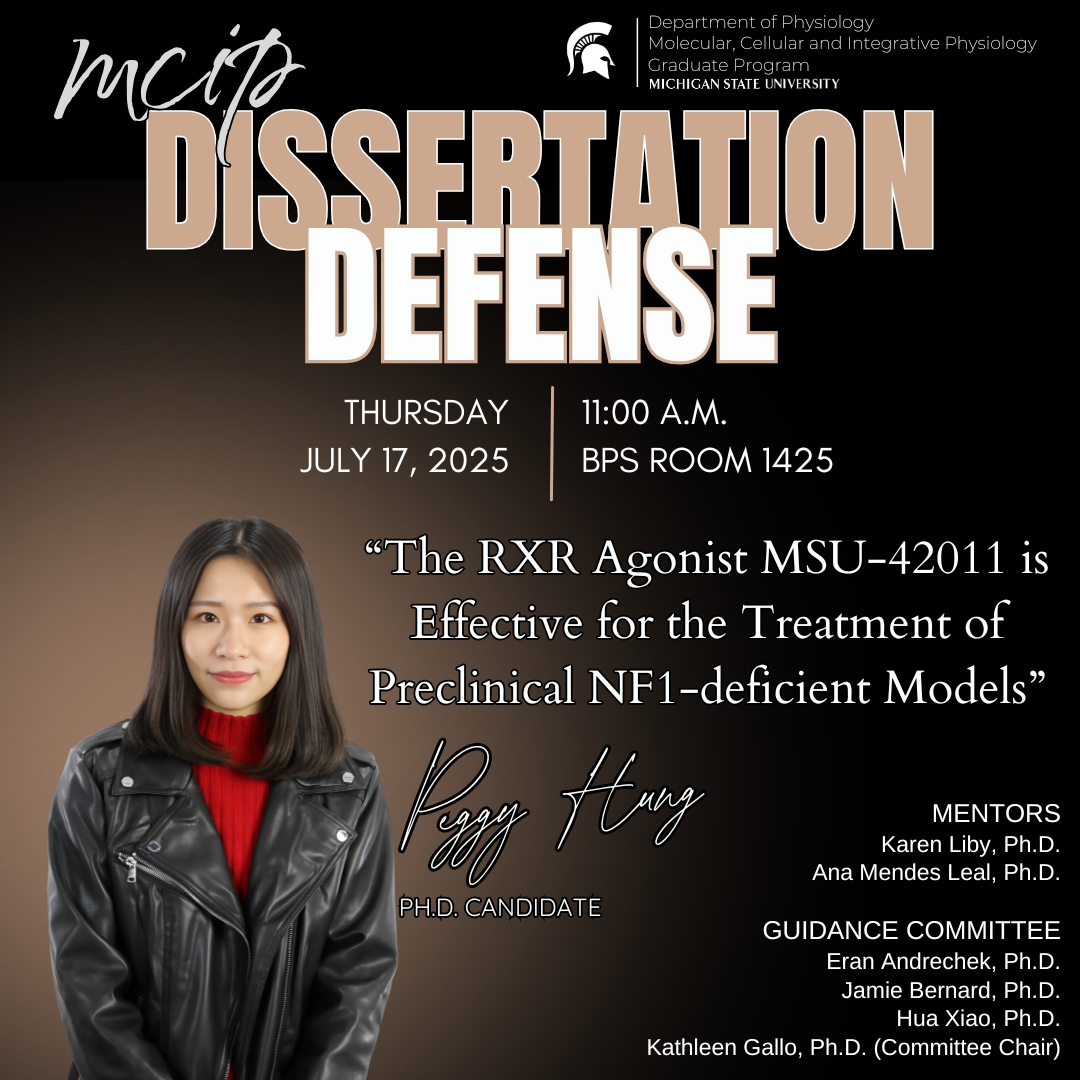Join us tomorrow, July 17, 2025, for Peggy Hung's dissertation defense! The event starts at 11 a.m. in Room 1425 of the Biomedical and Physical Sciences Building.

Good luck, Peggy!

#msupsl #mcip #mcipandme #physiology #phd #dissertationdefense #research #msu #spartan