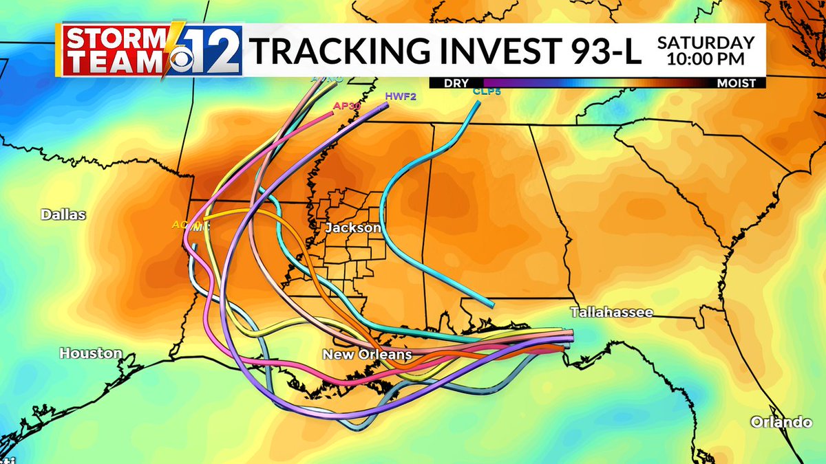meganhanna_wx's tweet image. The 7 AM model update has a general consensus across spaghetti plots that #Invest93 could track west along the Gulf Coast then push NW just west the MS river. 🌊 Localized heavy rain and flash flooding are the main threats THU-SAT. wjtv.com/weather #mswx #tropicsupdate