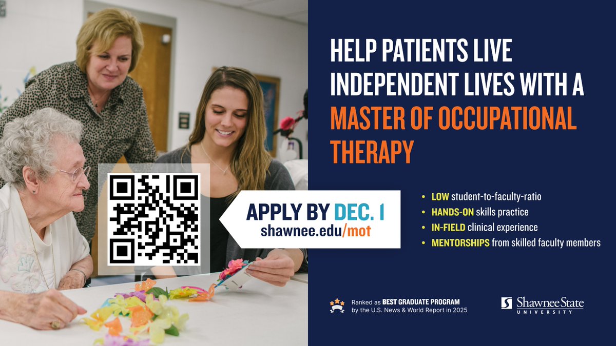 Help patients live independent lives with a Master of Occupational Therapy 🤝

» Low student-to-faculty ratio
» Hands-on skills practice
» In-field clinical experience
» Mentorships from skilled faculty members

🐻 Apply online at shawnee.edu/mot