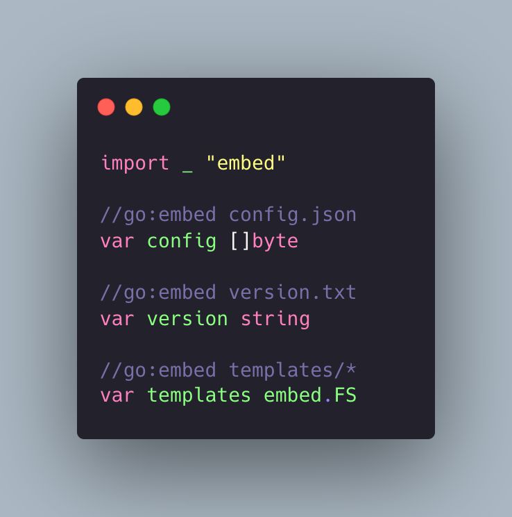 Embed files into you Go code with the "embed" package and the go:embed directive. This works for single files and directories. Super handy for including templates, version files, configs, and more. #golang