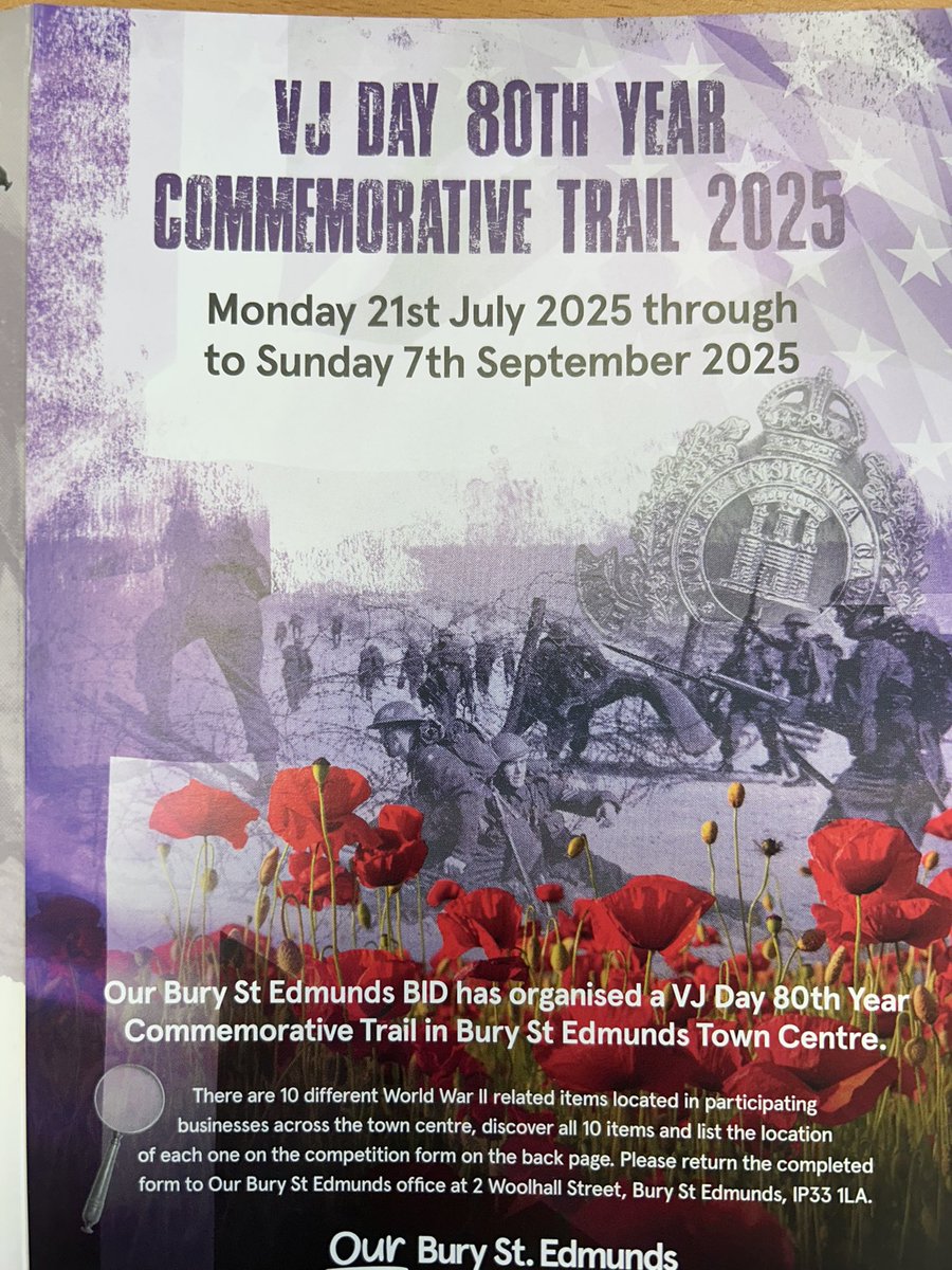 MarkourbseBID's tweet image. The @ourburysteds VJ Day commemoration trail starts on Monday & runs through to the 7th September. Entry forms available from the Tourism points in the town & the 30 participating businesses. Just 10 separate items to find but there will be some duplications. 3 gift card prizes!