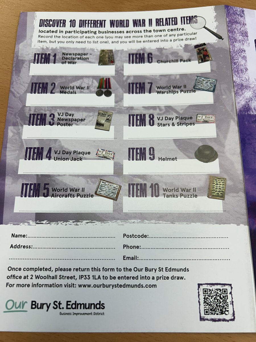 MarkourbseBID's tweet image. The @ourburysteds VJ Day commemoration trail starts on Monday & runs through to the 7th September. Entry forms available from the Tourism points in the town & the 30 participating businesses. Just 10 separate items to find but there will be some duplications. 3 gift card prizes!