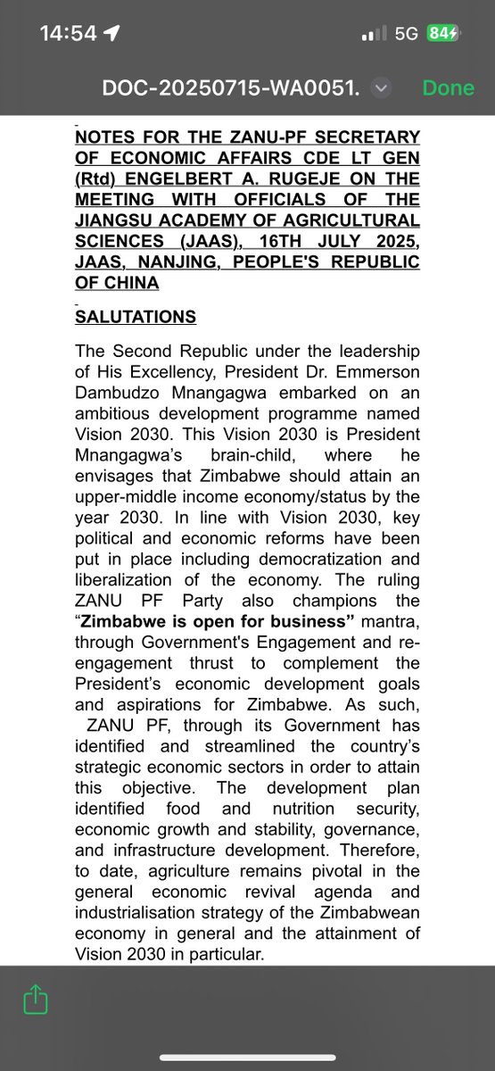 ZANU PF Sec for Economic Affairs Lt Gen (Rtd) Dr Rugeje is in China at the invitation of Zimbabwe Win Pvt Ltd. The visit focuses on key economic sectors agriculture, mining, manufacturing &amp; exports. Today he met CCP Prov. Sec. Comrade Zheng &amp; Jiangsu Agri. Sciences Principal.