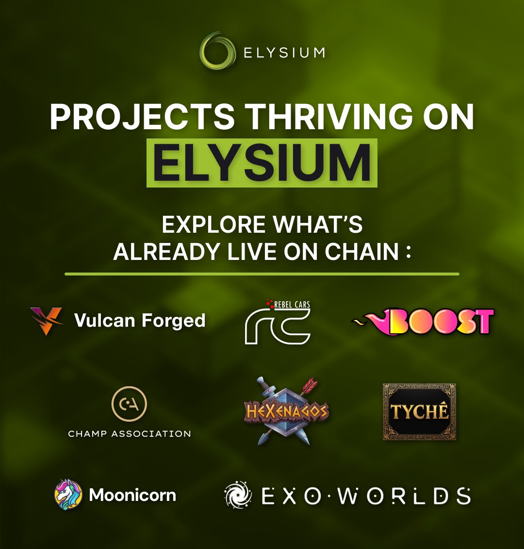 Elysium Blockchain (@elysium_vf) on Twitter photo Built Different. Built on Elysium.
From racing to AI, strategy to space โ projects across industries are building on Elysium:
<a href="/VulcanForged/">Vulcan Forged</a>
<a href="/RebelCarsGame/">Rebel Cars</a>
<a href="/BoostLotteryIO/">BOOST Lottery</a>
<a href="/Champ_io/">Champ Association</a>
<a href="/HeXenagos/">HeXenagos</a>
<a href="/ExoWorldsNFT/">ExoWorlds</a>
<a href="/moonitomoon/">Moonicorn</a>
<a href="/TycheToken/">TYCHE TOKEN</a>
โ The Elysium ecosystem is just Built Different. Built on Elysium.
From racing to AI, strategy to space โ projects across industries are building on Elysium:
<a href="/VulcanForged/">Vulcan Forged</a>
<a href="/RebelCarsGame/">Rebel Cars</a>
<a href="/BoostLotteryIO/">BOOST Lottery</a>
<a href="/Champ_io/">Champ Association</a>
<a href="/HeXenagos/">HeXenagos</a>
<a href="/ExoWorldsNFT/">ExoWorlds</a>
<a href="/moonitomoon/">Moonicorn</a>
<a href="/TycheToken/">TYCHE TOKEN</a>
โ The Elysium ecosystem is just