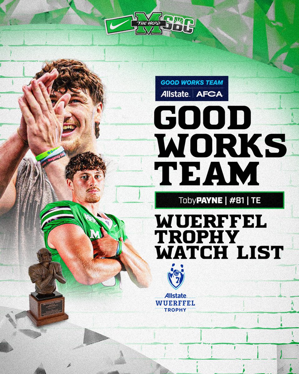 HerdFB's tweet image. 🤘𝑮𝒐𝒐𝒅 𝑲𝒊𝒏𝒅 𝒐𝒇 𝑷𝒂𝒚𝒏𝒆! 💪
Marshall TE Toby Payne is a 2025 Allstate AFCA Good Works Team nominee, which also places him on the @WuerffelTrophy Watch List.
Those are college football's two most prestigious community service awards.
🔗: bit.ly/TobyPayneGoodW…