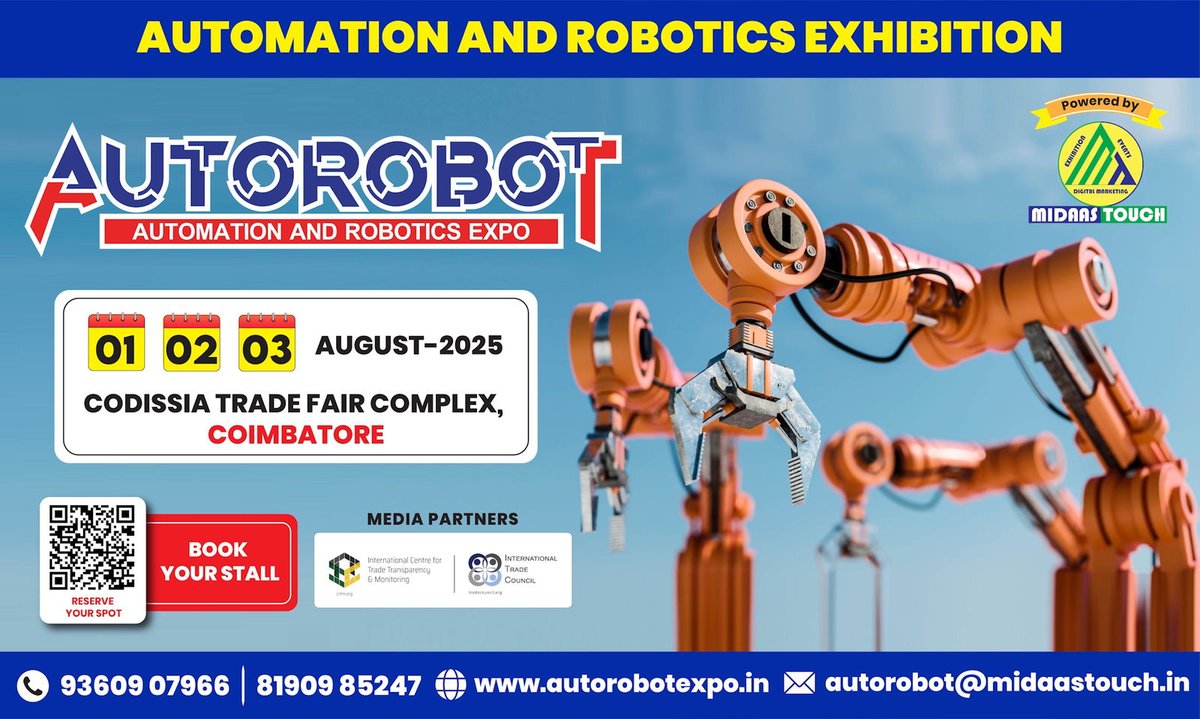 IntTradeCouncil's tweet image. 🚀 Ready for AUTOROBOT 2025? 🤖✨
Connect, innovate &amp;amp; lead in automation.
📅 Aug 1–3, 2025 | Coimbatore
Visit: autorobotexpo.in
#AUTOROBOT2025 #AutomationExpo #Robotics #SmartManufacturing