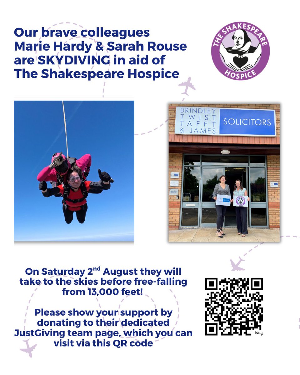 Brindley Twist Tafft & James Solicitors (@bttj_solicitors) on Twitter photo The coundown is on, just over two weeks to go!
Two of our very brave colleagues have signed up to SKYDIVE to help raise funds for our charity of the year <a href="/TheBardsHospice/">The Shakespeare Hospice</a> Marie Hardy & Sarah Rouse will take to the skies before free-falling from 13,000 feet over Northamptonshire The coundown is on, just over two weeks to go!
Two of our very brave colleagues have signed up to SKYDIVE to help raise funds for our charity of the year <a href="/TheBardsHospice/">The Shakespeare Hospice</a> Marie Hardy & Sarah Rouse will take to the skies before free-falling from 13,000 feet over Northamptonshire