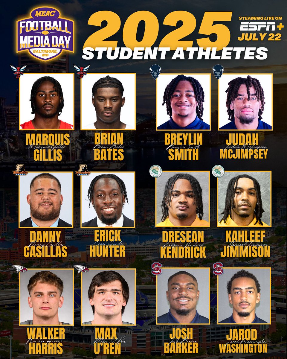 These are your 2025 MEAC Football Media Day participants 🏈

Catch the full show streaming live on ESPN+ at 12 PM on Tuesday, July 22 as we talk about the upcoming MEAC Football season.

Who will make it to Celebration Bowl? 

Please note: This is a closed event. No live audience