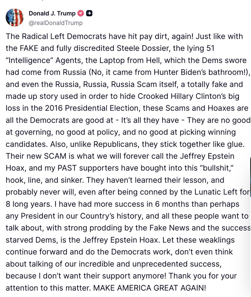meridithmcgraw's tweet image. President Trump with a lengthy post on Truth Social about what he is calling the "Jeffrey Epstein Hoax":