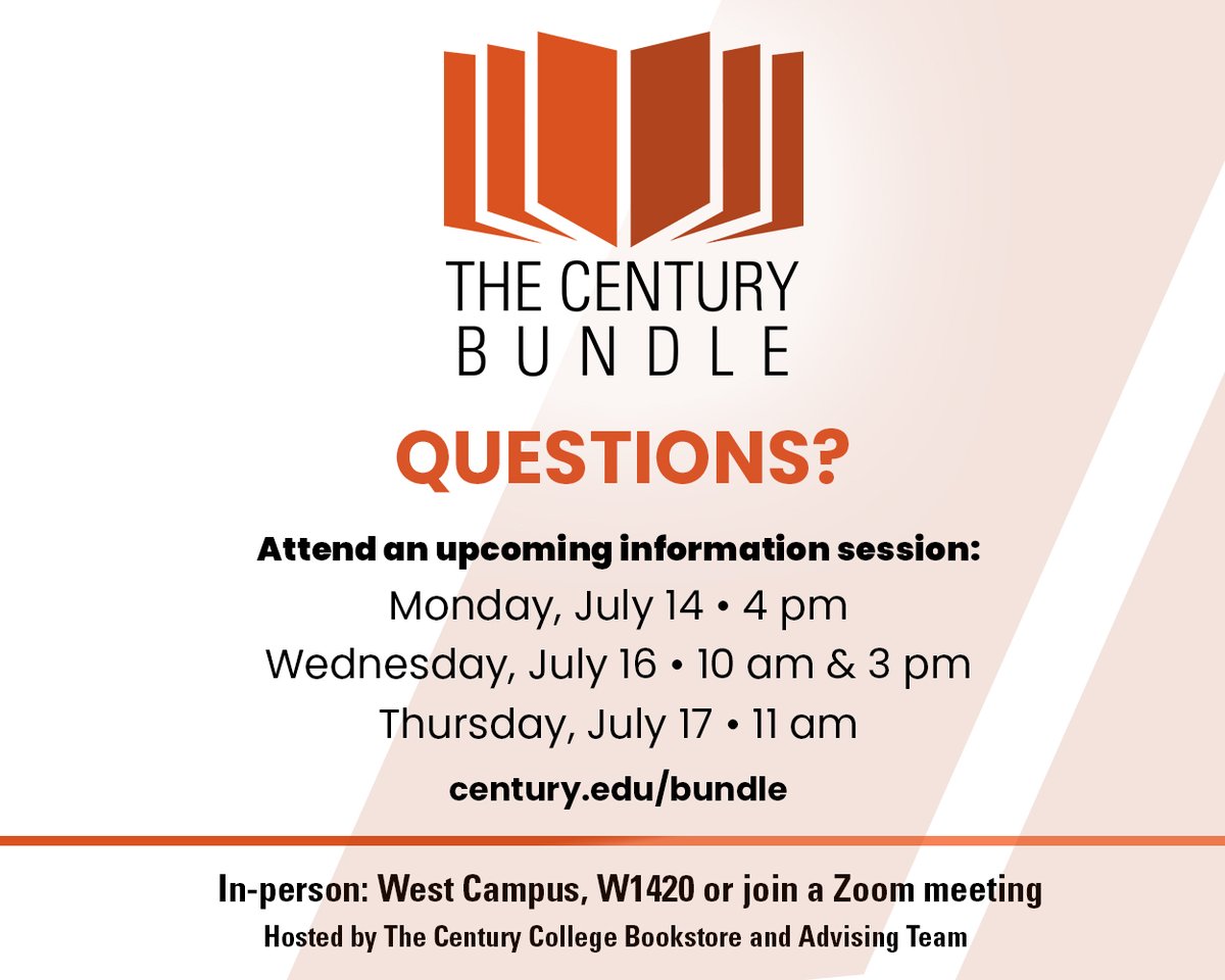 CenturyCollege's tweet image. Got questions about The Century Bundle?
We’ve got answers! 🗓️
Upcoming Sessions:
Wednesday, July 16 – 10 AM & 3 PM
Thursday, July 17 – 11 AM 📷
In-person: West Campus, Room W1420 📷
Details: century.edu/bookstore/the-…