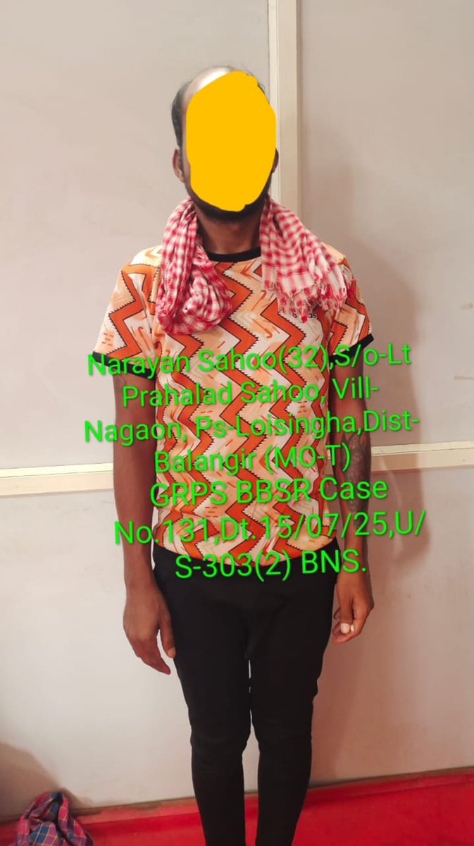 On July 15, 2025, based on a written report from Bijay Kumar Gaun, GRPS Bhubaneswar registered Case No. 131, dt. 15.07. 2025, U/S- 303(2) BNS. ASI Sk. S. Alli investigated the case. During the investigation, today i.e July 16, 2025, the stolen mobile was recovered from the