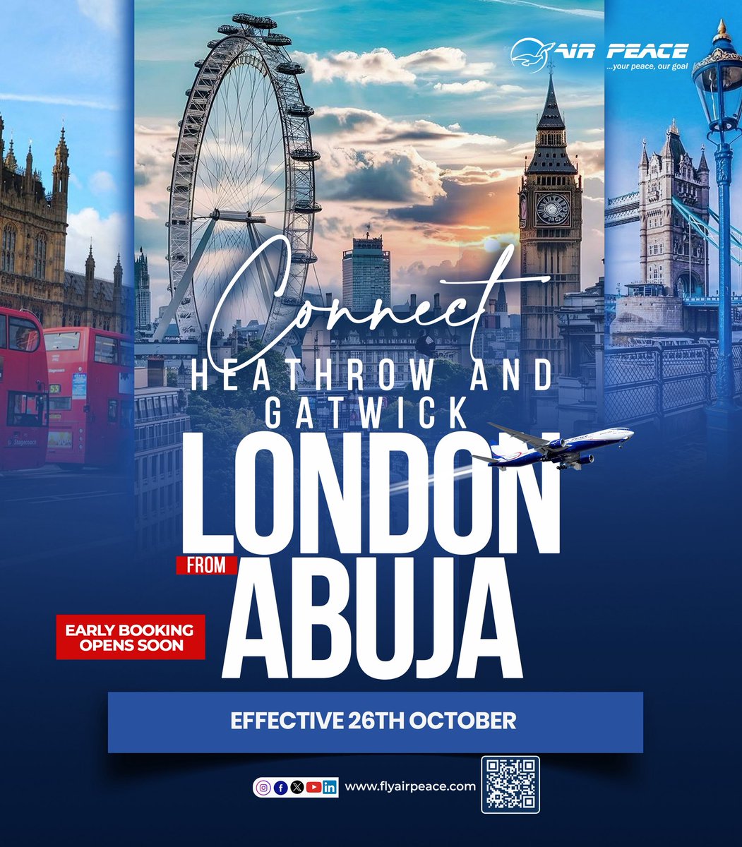 flyairpeace's tweet image. The Journey just got bigger and even better.
We’re not just flying to London, we’re giving you more of London.
Air Peace is now connecting Abuja to both Heathrow and Gatwick, expanding your options, your comfort, and your access to world-class travel.
More choice. More…