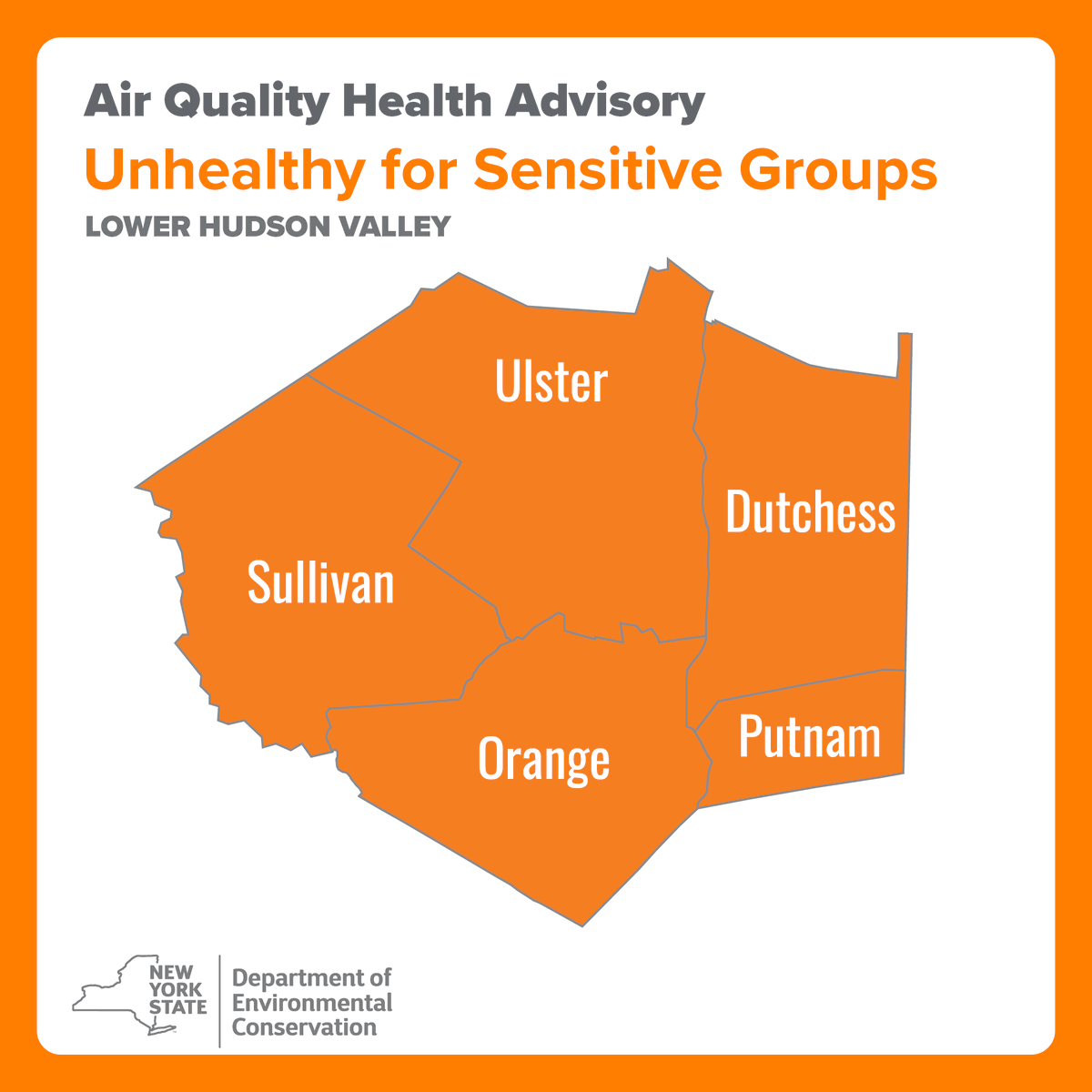 NYSDEC's tweet image. DEC and @HealthNYGov have issued an air quality health advisory for ozone today, July 16th, for NYC Metro, Long Island, and the Lower Hudson Valley.
👉 Latest AQI forecast: extapps.dec.ny.gov/cfmx/extapps/a…
☎️ Air Quality Hotline: 1-800-535-1345