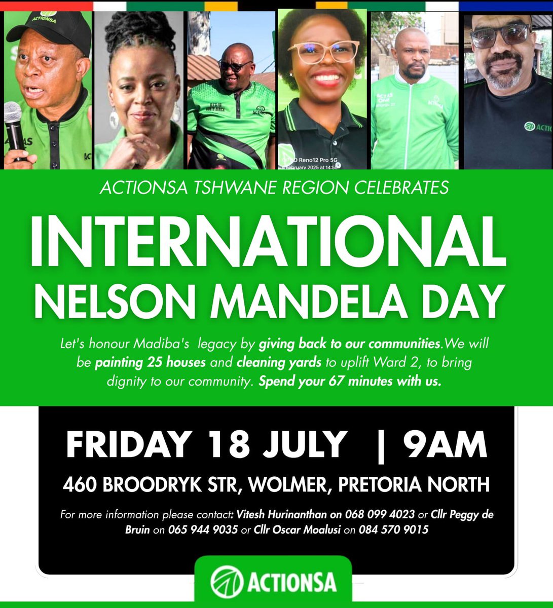 Spend 67 minutes with us this Friday in Wolmer, Pretoria North. #MandelaDay2025
