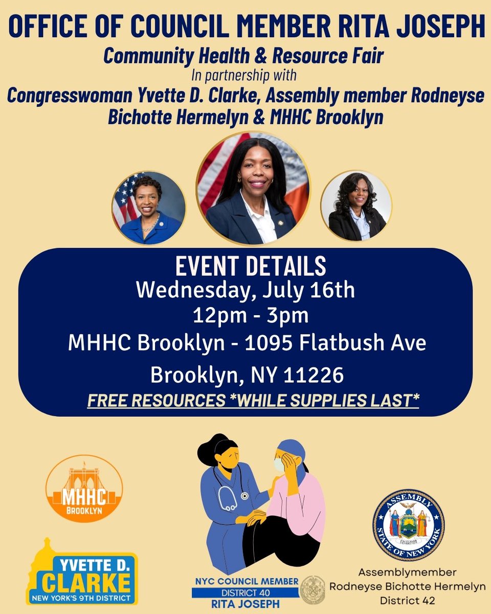 CMRitaJoseph's tweet image. Today my office will be hosting a community health and resource fair in partnership with @RepYvetteClarke and @AMBichotte .
Stop by from 12-3pm at Morris Heights Brooklyn to get valuable resources and more!