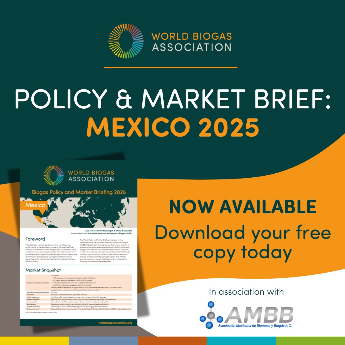 WBA’s Policy &amp; Market Briefing: Mexico 2025 is now available free to download.

Our latest brief explores how #biogas can help Mexico meet climate goals, build #EnergySecurity and promote #SustainableDevelopment.

👉 Read more: worldbiogasassociation.org/policy-market-…

#GasVerde #GasRenovable