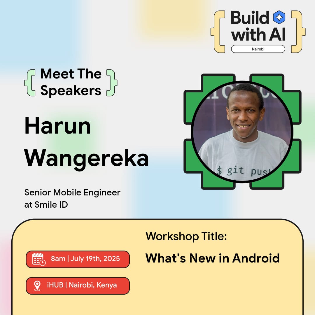GDG Nairobi #DevFestNairobi #DevFest2024 (@gdg_nairobi) on Twitter photo Curious about the latest in Android? 🫣
<a href="/wangerekaharun/">Harun Wangereka</a>, a senior mobile engineer, is ready to take you through “What’s New in Android” this Saturday at Build with AI Nairobi!
Don't miss out!
#BuildWithAI #GoogleIO #GDGNairobi Curious about the latest in Android? 🫣
<a href="/wangerekaharun/">Harun Wangereka</a>, a senior mobile engineer, is ready to take you through “What’s New in Android” this Saturday at Build with AI Nairobi!
Don't miss out!
#BuildWithAI #GoogleIO #GDGNairobi