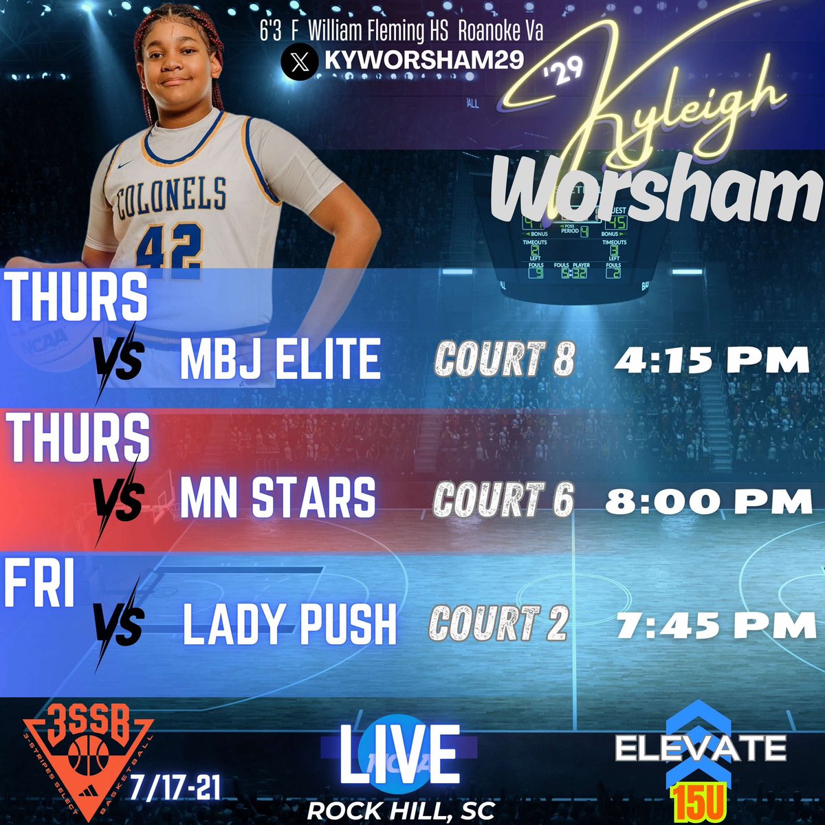Kyleigh Worsham (@kyworsham29) on Twitter photo Last stop!!! Come check out <a href="/Elevate_Elite/">Elevate Elite</a> 15U!!! <a href="/Assist_U_/">AssistU Recruiting</a> <a href="/Fleming_GBB/">William Fleming Girls BB</a> Last stop!!! Come check out <a href="/Elevate_Elite/">Elevate Elite</a> 15U!!! <a href="/Assist_U_/">AssistU Recruiting</a> <a href="/Fleming_GBB/">William Fleming Girls BB</a>