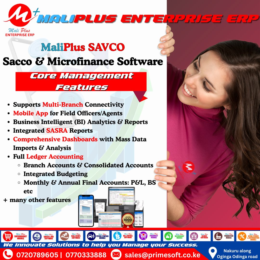 MaliPlusERP's tweet image. Boost your SACCO operations with MaliPlus SAVCO
From mobile apps to BI dashboards and SASRA compliance
Manage your success with Primesoft Solutions
#PrimesoftSolutions