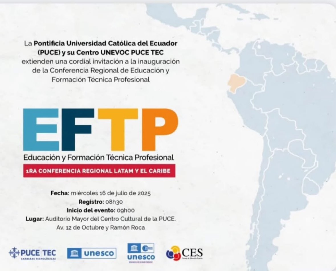 UNESCO en Ecuador #educación #cultura #ciencia #CI (@unescoquito) on Twitter photo 🌎📚 Hoy inicia en la <a href="/PUCE_Ecuador/">PUCE Ecuador</a> la Conferencia Regional sobre EFTP en ALC, organizada por PUCE TEC, <a href="/ces_ec/">CES</a> y @UNESCOEcuador, con apoyo de <a href="/UNESCOSantiago/">UNESCO Santiago</a> y <a href="/UNEVOC/">UNESCO-UNEVOC #education #skills #training</a>
Hacia una formación técnica de calidad para un empleo sostenible y una industria competitiva. #EFTP #TVET 🌎📚 Hoy inicia en la <a href="/PUCE_Ecuador/">PUCE Ecuador</a> la Conferencia Regional sobre EFTP en ALC, organizada por PUCE TEC, <a href="/ces_ec/">CES</a> y @UNESCOEcuador, con apoyo de <a href="/UNESCOSantiago/">UNESCO Santiago</a> y <a href="/UNEVOC/">UNESCO-UNEVOC #education #skills #training</a>
Hacia una formación técnica de calidad para un empleo sostenible y una industria competitiva. #EFTP #TVET