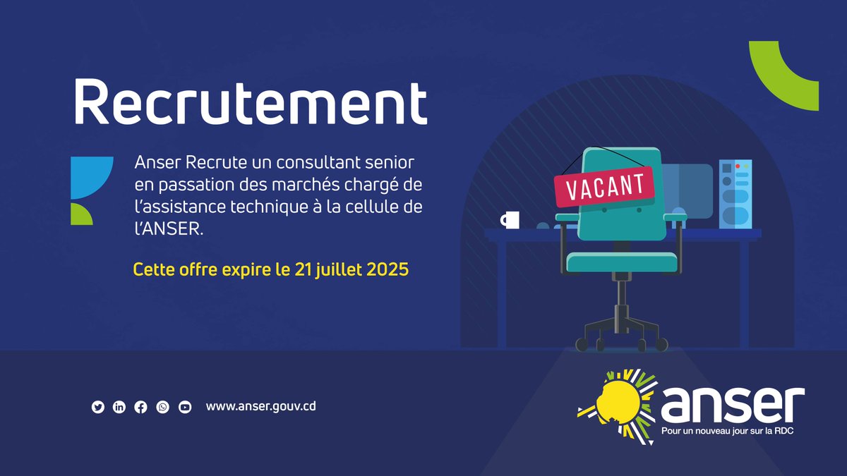 Recrutement d’un consultant senior en passation des marchés chargé de l’assistance technique à la cellule de l’ANSER.
Cette offre expire le 21 juillet 2025
Pour plus de détails, cliquez ici : anser.gouv.cd/wp-content/upl…