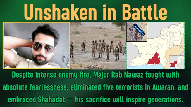ArbishSidiqui's tweet photo. Unshaken in Battle
Despite intense enemy fire, Major Rab Nawaz fought with absolute fearlessness, eliminated five terrorists in Awaran and embraced Shahadat his sacrifice will inspire generations
#AwaranOperation
#MajorRabNawaz
#DefenderOfPakistan
@balachbaloch303
@MEERHUMMAL https://t.co/O35eluIN1F