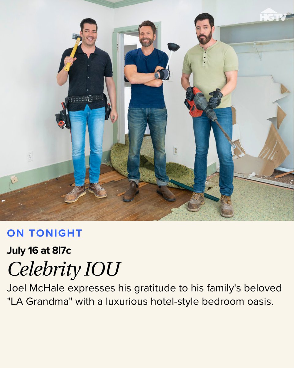 hgtv's tweet image. Tonight's fresh lineup ⬇️
#CelebIOU (feat @joelmchale!) ➡️ 8|7c!
#HolmesFamilyRescue ➡️ 9|8c