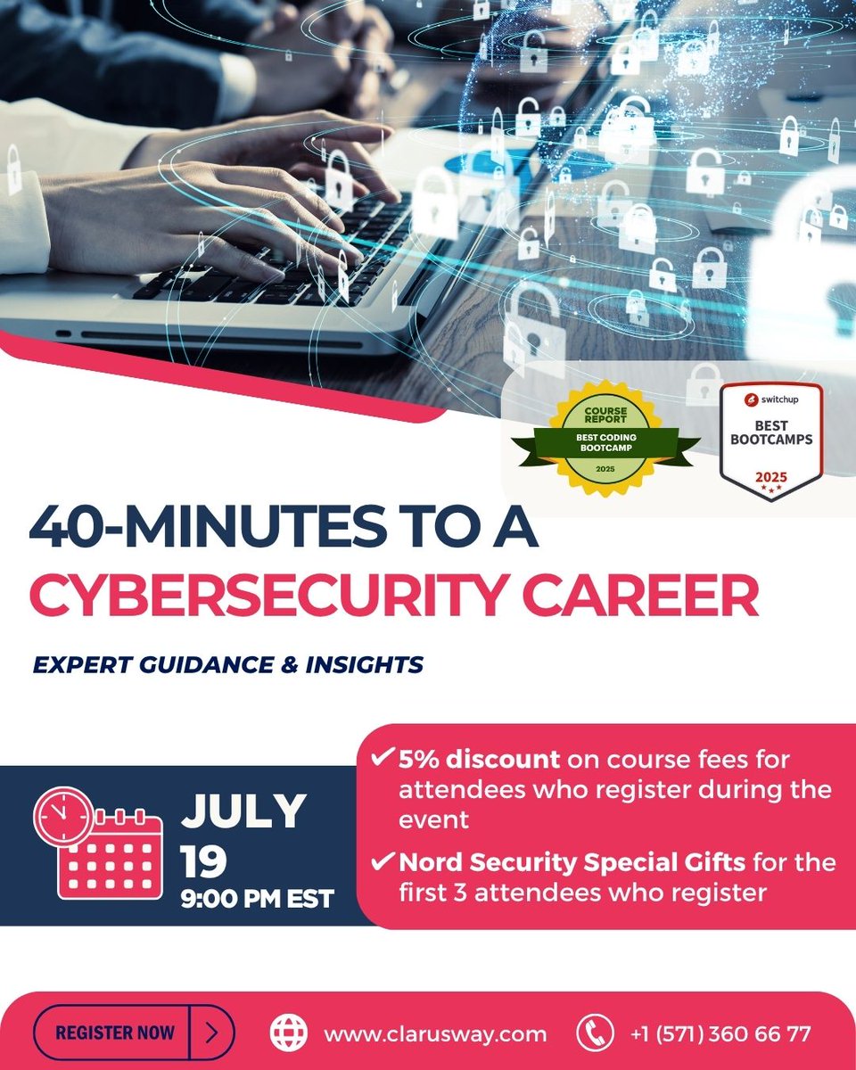 clarusway's tweet image. In just 40 minutes, join us for an expert-led info session where you&apos;ll get a comprehensive overview of what it takes to become a Cybersecurity Analyst 🚀🔒 
🗓️ July 19, 2025
🕒 9 PM EST
🔗 Join Here: zoom.us/j/92827592242
#CyberSecurityAnalyst #Clarusway #CyberBootcamp