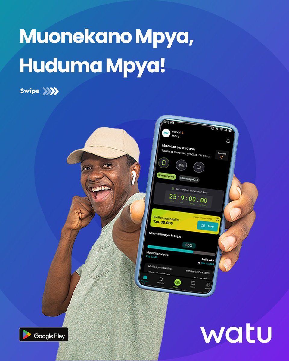 WatuSimuTz's tweet photo. Watu App sasa imeboreshwa kwa ajili yako! 📲

Update Watu App ufurahie muonekano mpya, matumizi rahisi na vipengele vipya kabisa vitakavyokusaidia kila siku.

Swipe 👉 kujua zaidi!

#WatuApp #Watu #Tanzania #WatuSimu #Mkopo #Smartphone #Bodaboda #Tuktuk https://t.co/3wVgWkllyj