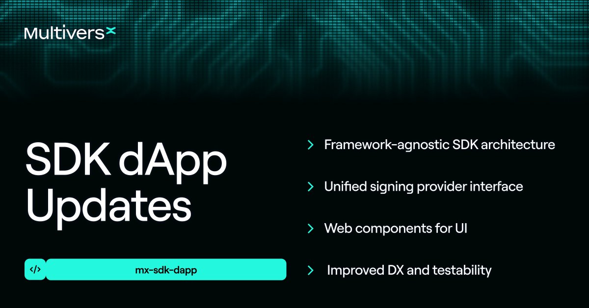 CodeMultiversX's tweet photo. 🔥The new SDK dApp v5 for @MultiversX is live! 🔥
A complete re-architecture that gives you full control over logic and integrations, without locking into a specific frontend framework.
A cleaner way to build dApps starts here 🧵 https://t.co/fIYoO9idgM
