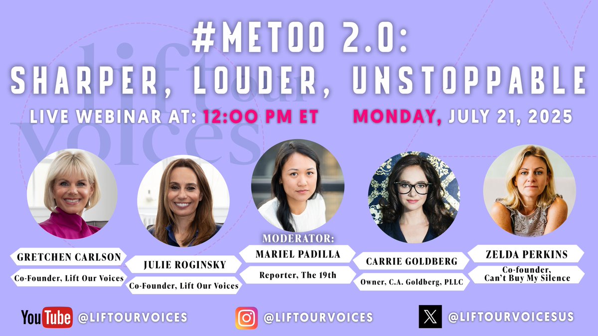 Lift Our Voices (@liftourvoicesus) on Twitter photo Join us for our Webinar!
#MeToo 2.0: Sharper, Louder, Unstoppable
A Live Chat with the Women Still Leading the Fight
When: Monday, July 21 | 12p EST
Sign up: streamyard.com/watch/ESprDFM7…
With Moderator: <a href="/marielpadilla_/">Mariel Padilla</a> of <a href="/19thnews/">19thnews</a>
Featuring Panelists: <a href="/ZeldaZeldaluna/">Zelda Perkins</a> Join us for our Webinar!
#MeToo 2.0: Sharper, Louder, Unstoppable
A Live Chat with the Women Still Leading the Fight
When: Monday, July 21 | 12p EST
Sign up: streamyard.com/watch/ESprDFM7…
With Moderator: <a href="/marielpadilla_/">Mariel Padilla</a> of <a href="/19thnews/">19thnews</a>
Featuring Panelists: <a href="/ZeldaZeldaluna/">Zelda Perkins</a>