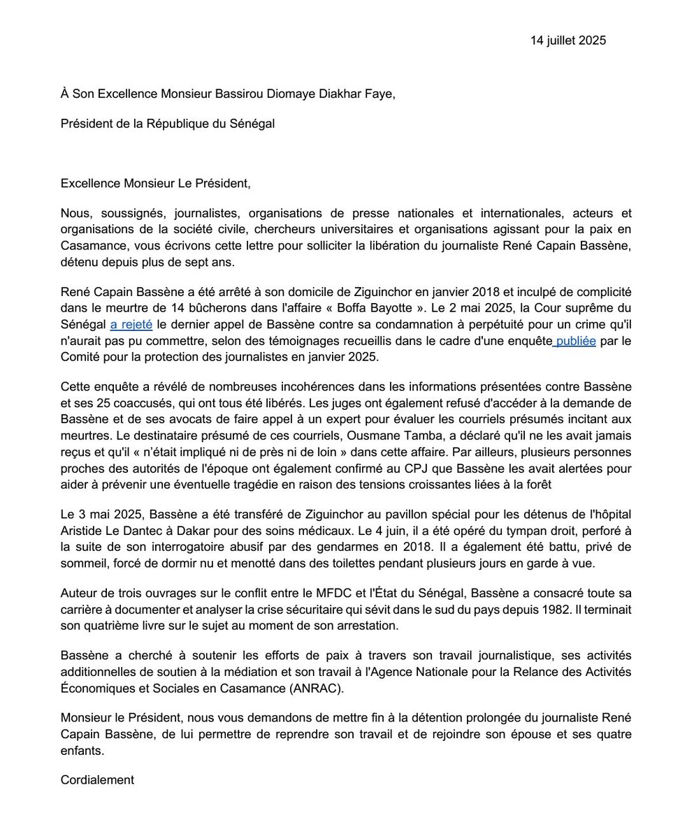 Facely Konaté (@facelykonate1) on Twitter photo À l’initiative du Comité pour la protection des journalistes (<a href="/CPJAfrica/">CPJ Africa</a> ), nous sommes 180 journalistes, chercheurs et organisations de la société civile à avoir signé cette lettre exhortant le président sénégalais Bassirou Diomaye Faye à libérer René Capain Bassène. À l’initiative du Comité pour la protection des journalistes (<a href="/CPJAfrica/">CPJ Africa</a> ), nous sommes 180 journalistes, chercheurs et organisations de la société civile à avoir signé cette lettre exhortant le président sénégalais Bassirou Diomaye Faye à libérer René Capain Bassène.